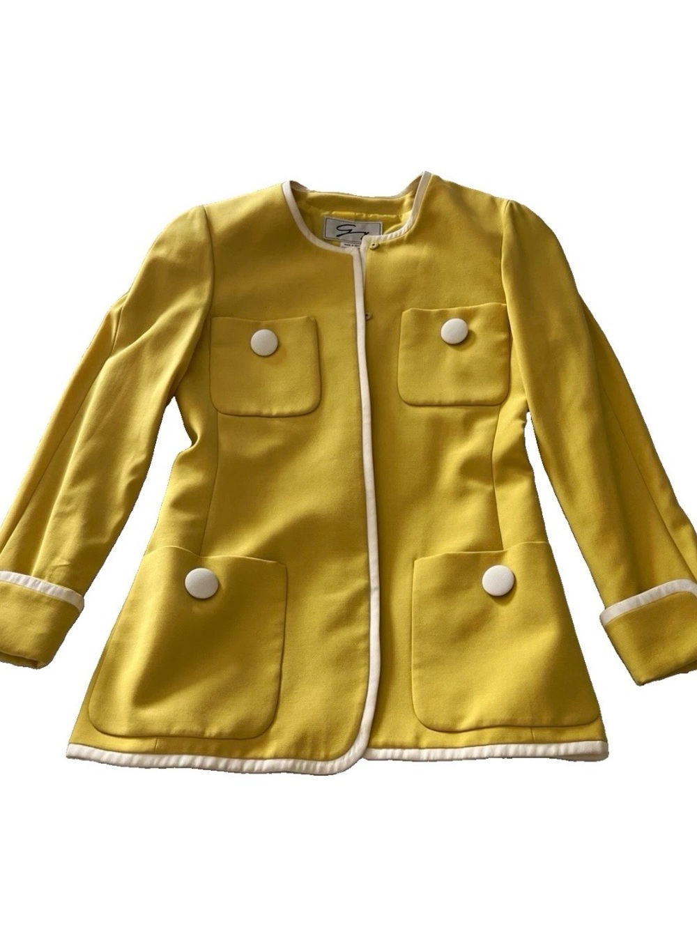 Vintage Genny Italy Yellow Wool Collarless Jacket With White Trim